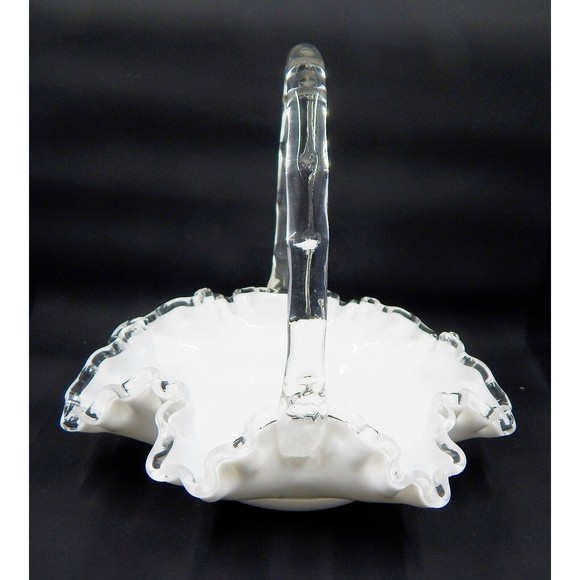 Fenton Silver Crest Milk Glass Basket Ruffled Handle White Clear - Picture 5 of 10
